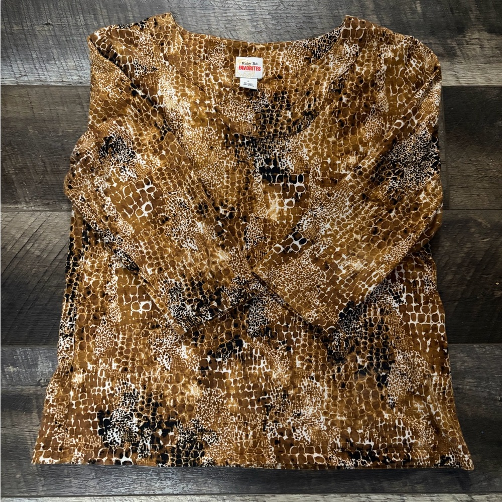 Ruby Rd. Brown & Black Animal Print Long Sleeve V-Neck Top